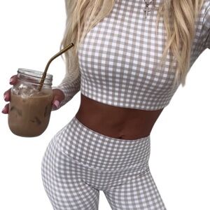 Astoria Medium Luxe Balance  Beige Gingham Leggings and Sports Top Brand New